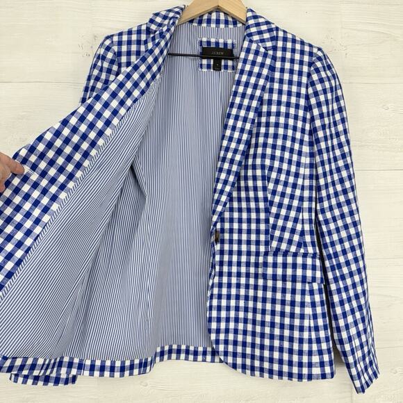 J.Crew Campbell Linen Blazer‎ Size 4 Gingham Blue Casual Office Career Preppy - Picture 6 of 16